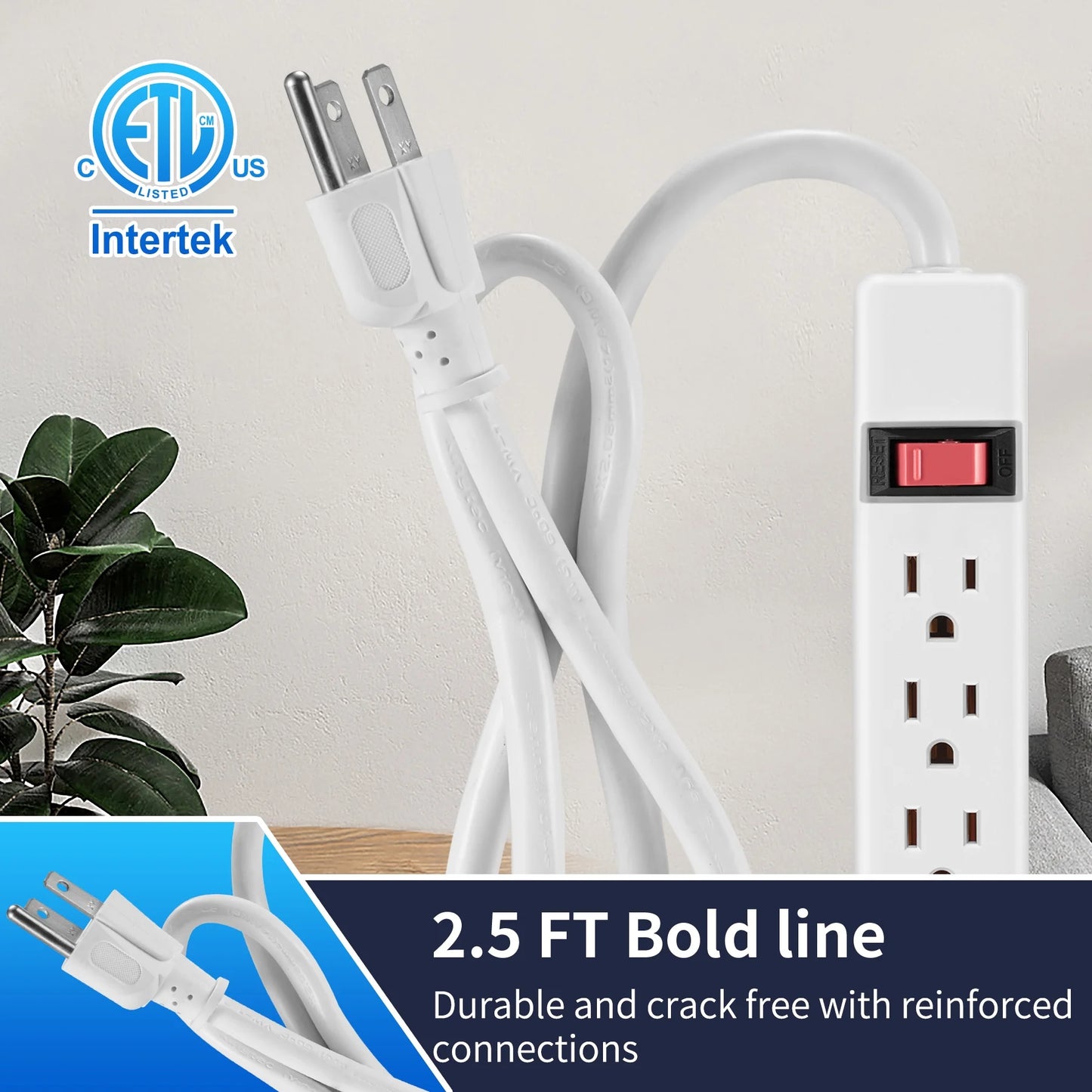 6-Outlet Power Stríp with 2.5-Foot Cord , White,15A,125V-60Hz