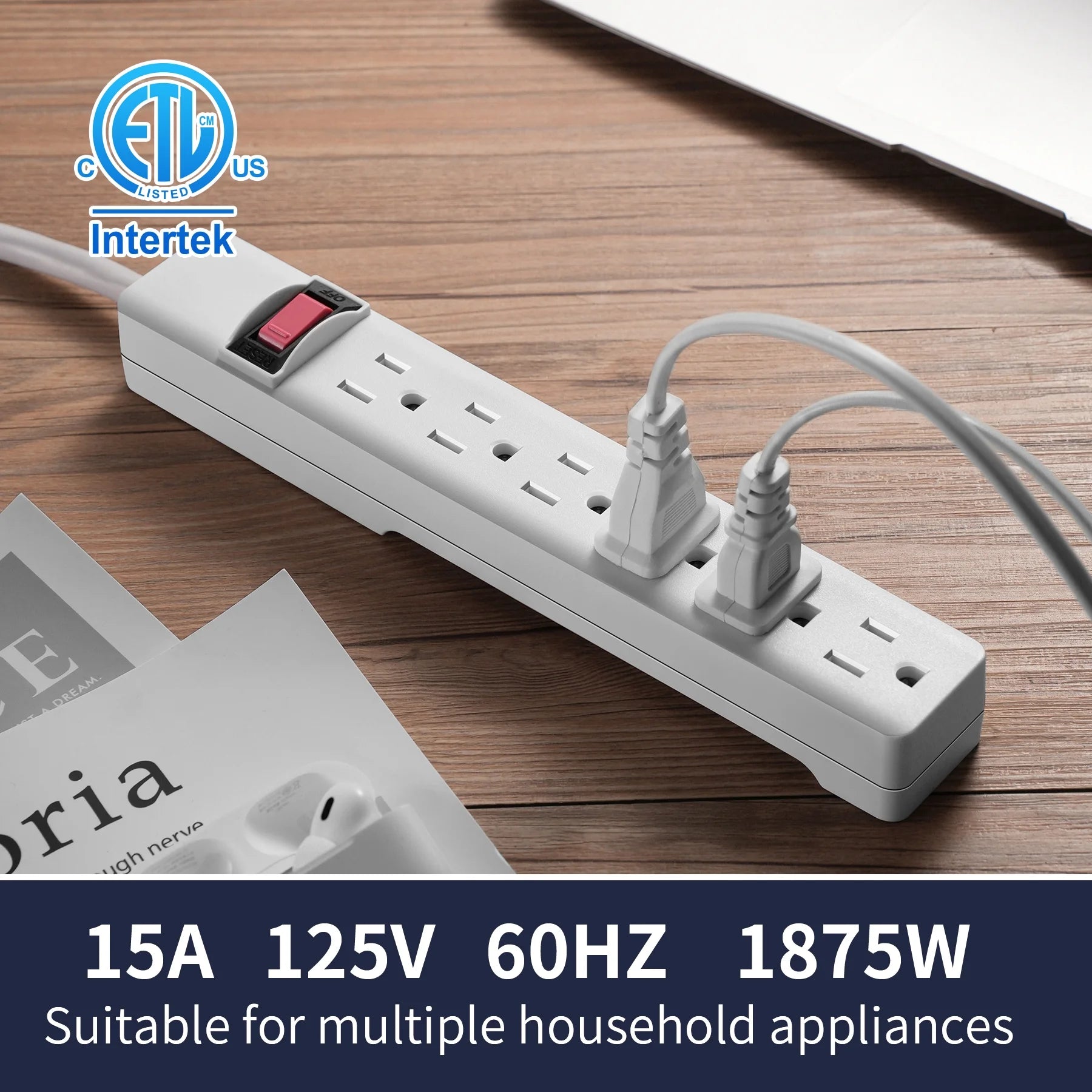 6-Outlet Power Stríp with 2.5-Foot Cord , White，15A，125V-60Hz
