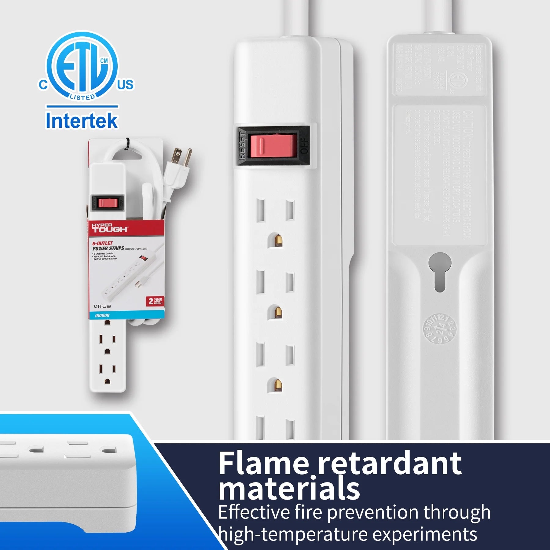 6-Outlet Power Stríp with 2.5-Foot Cord , White，15A，125V-60Hz
