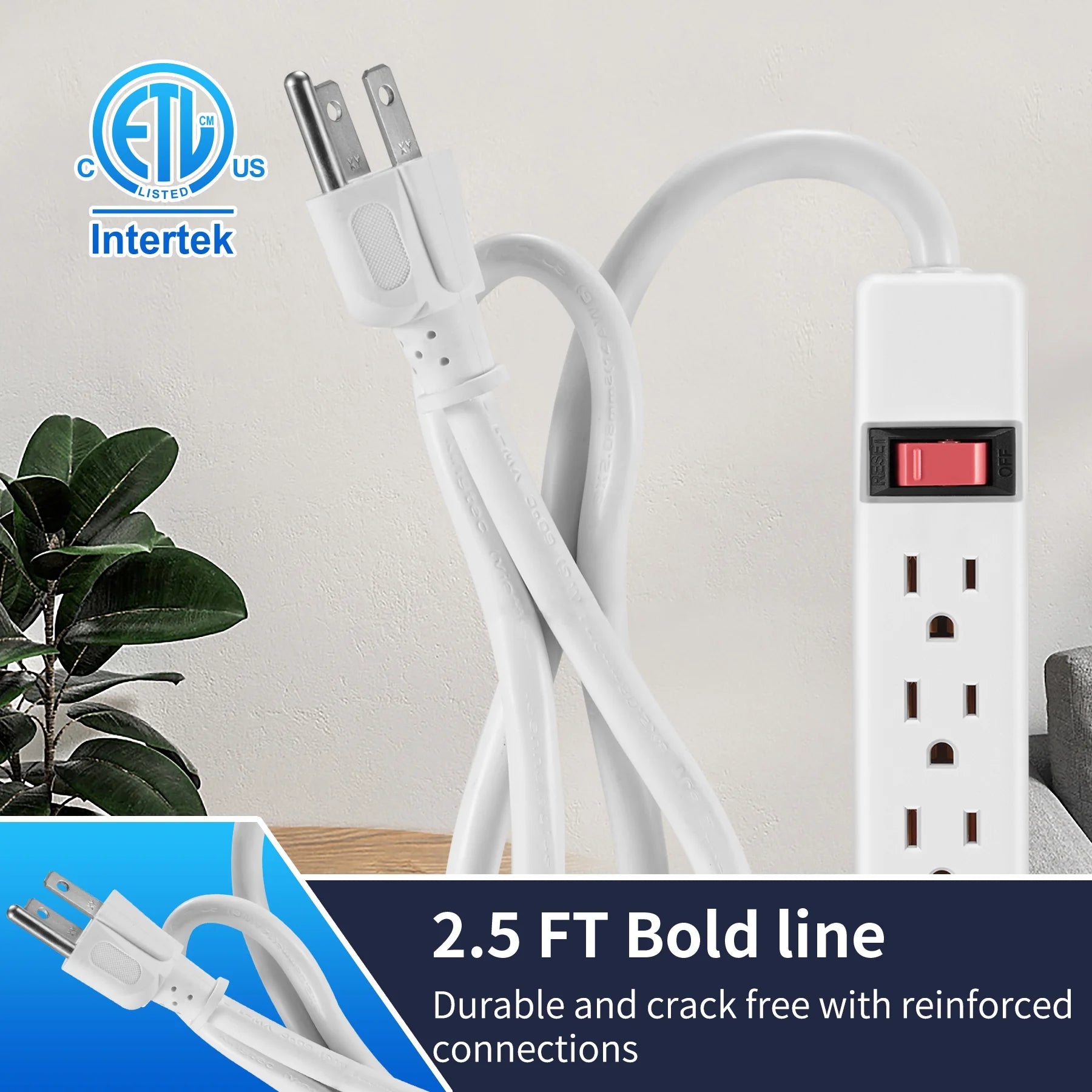 6-Outlet Power Stríp with 2.5-Foot Cord , White，15A，125V-60Hz