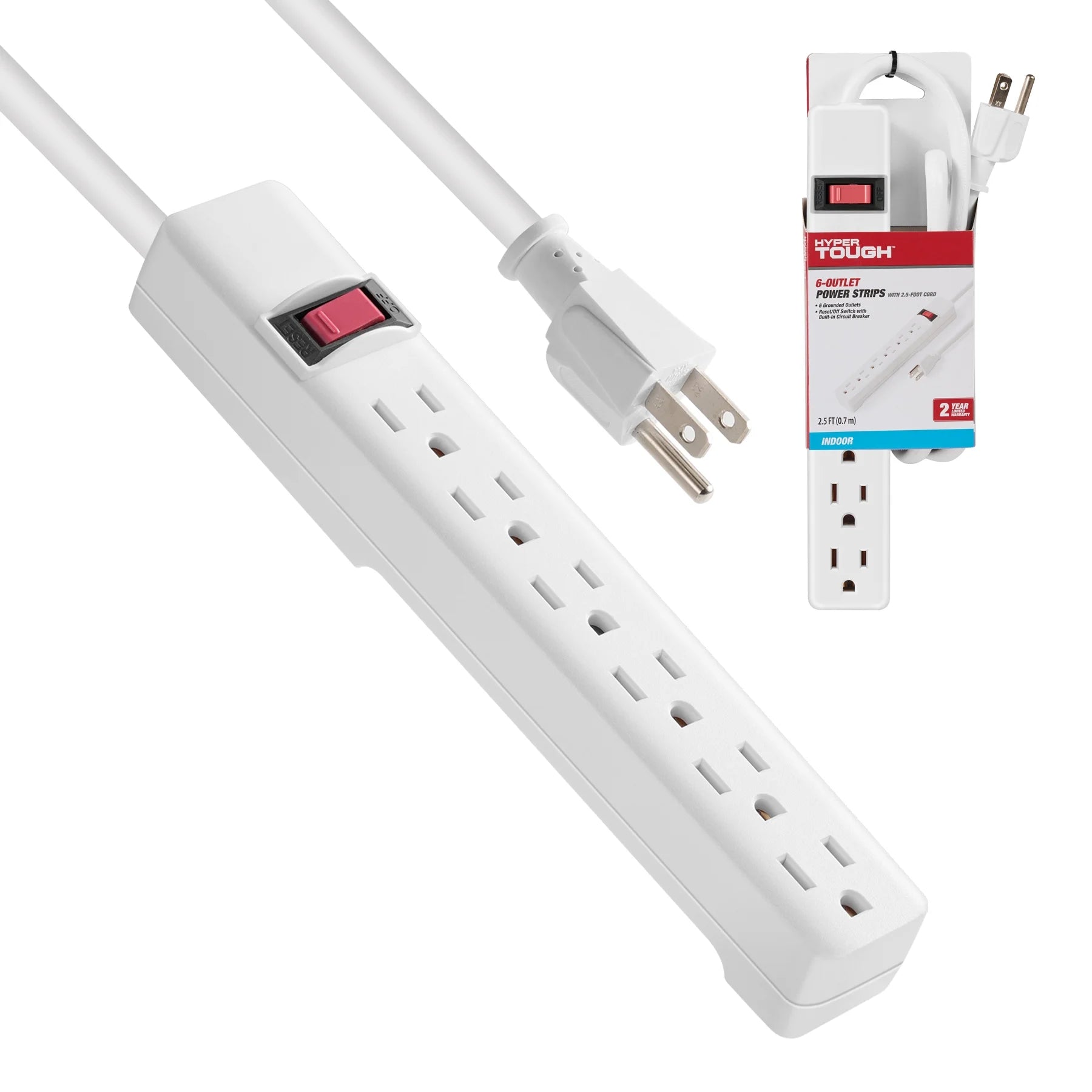 6-Outlet Power Stríp with 2.5-Foot Cord , White，15A，125V-60Hz