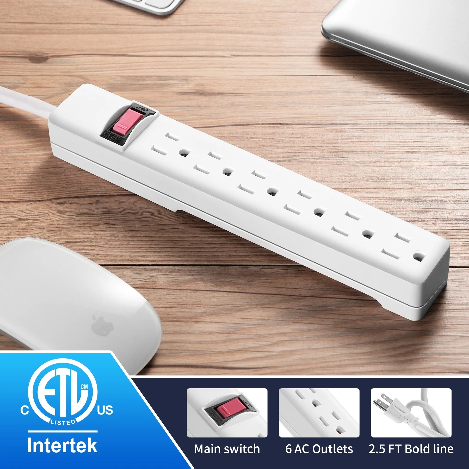 6-Outlet Power Stríp with 2.5-Foot Cord , White，15A，125V-60Hz