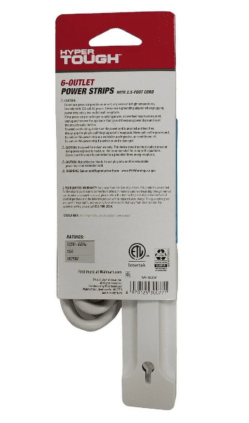 6-Outlet Power Stríp with 2.5-Foot Cord , White，15A，125V-60Hz