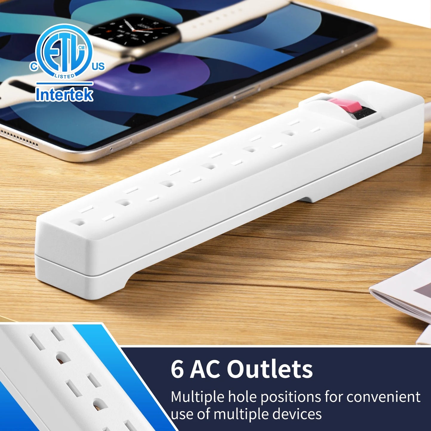 6-Outlet Power Stríp with 2.5-Foot Cord , White，15A，125V-60Hz